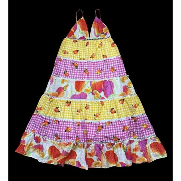 Farm Rio Sz M Dress Mixed Picnic Cashew Maxi Sundress Gingham Sleeveless Tiered - Picture 3 of 8